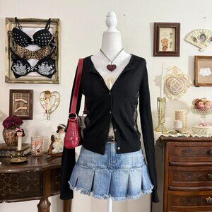 preppy girly grunge dark coquette black cardigan w sheer lace sides and back